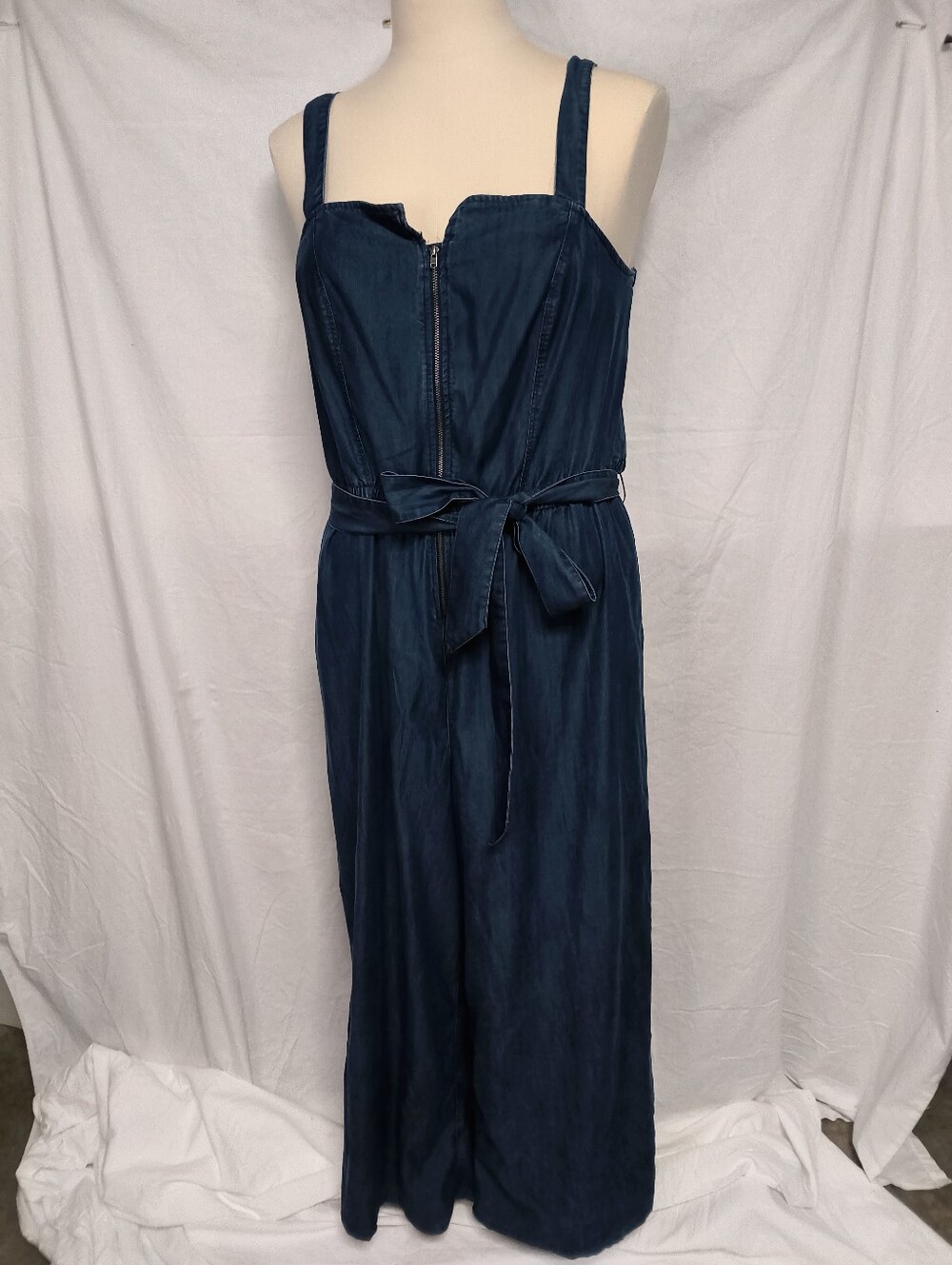 Lane Bryant Dark Navy Denim-Look Zip Front Jumpsuit with Tie Waist
